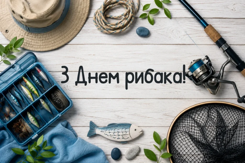 Акварельна листівка з чоботами, рибою й снастями