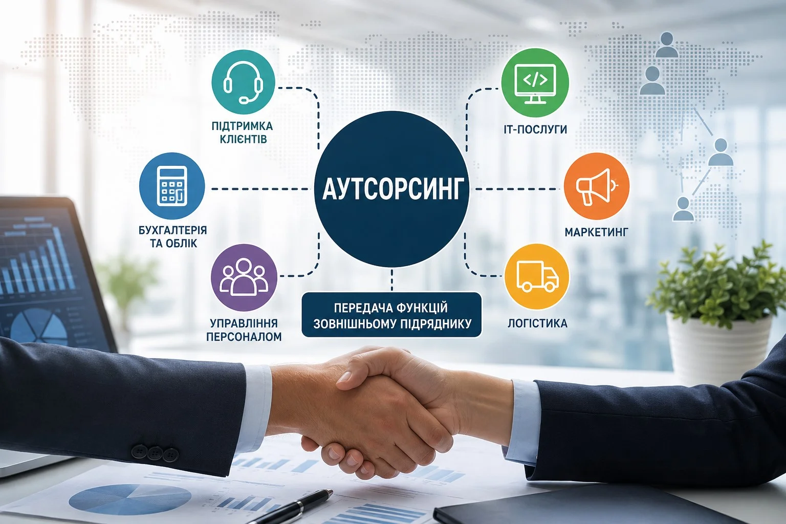 Аутсорсинг працює у різних напрямках: від юридичних послуг до харчування