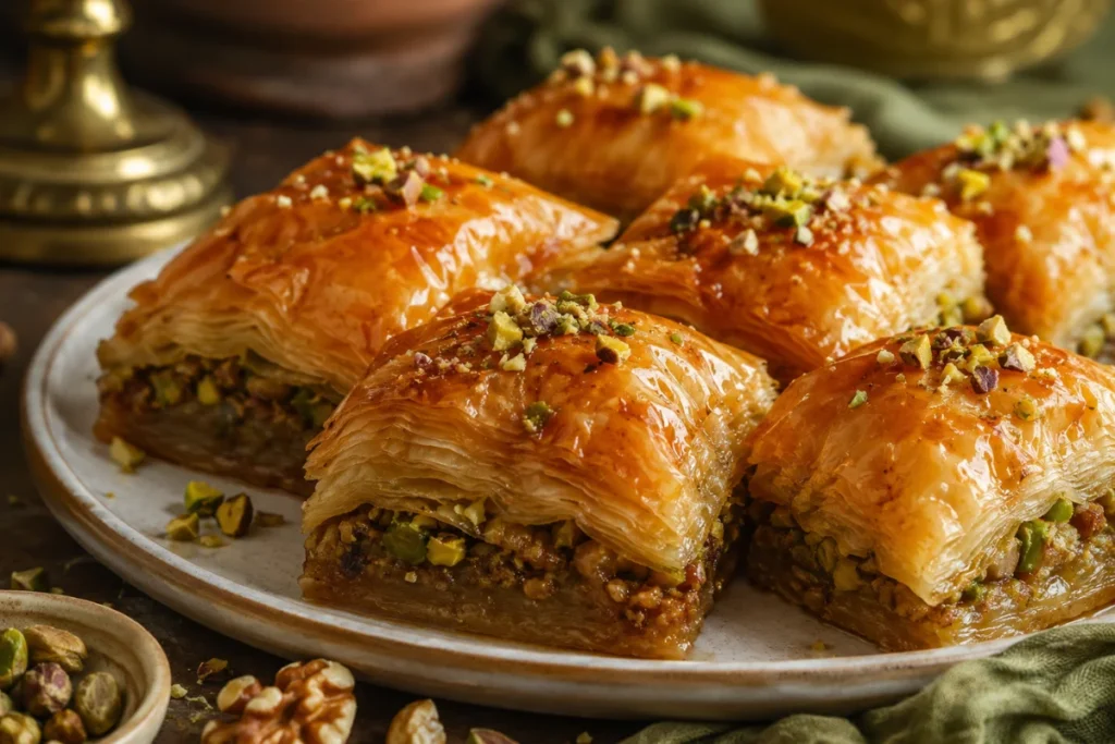 Пахлава з фісташками та медовим сиропом на тарілці
