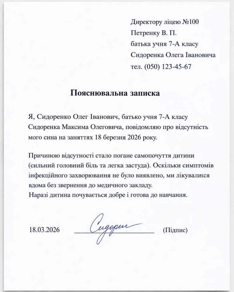 Зразок пояснювальної записки від батьків