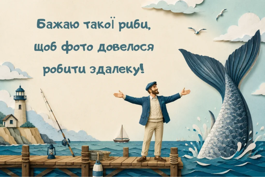 Рибалка біля велетенського хвоста риби з жартівливим побажанням