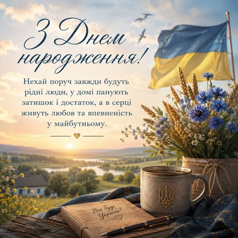 Чашка, блокнот, букет польових квітів та прапор України