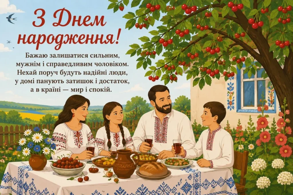 Українська сім'я обідає біля хати