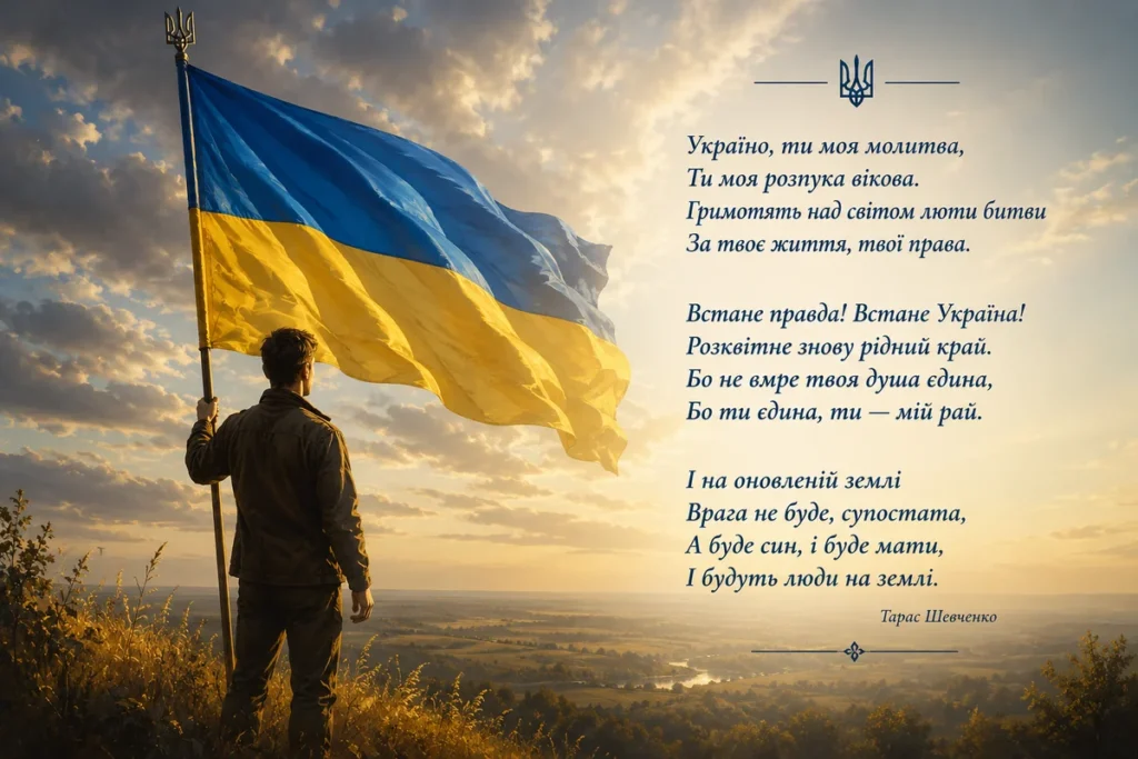 Чоловік з прапором України та вірш Тараса Шевченка