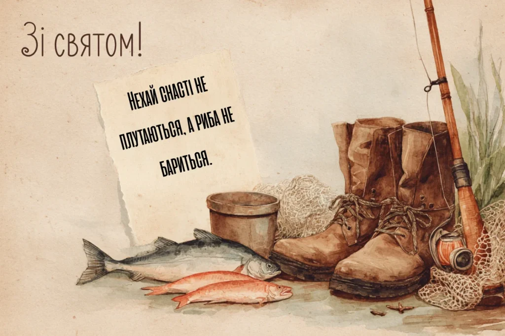 Акварельна листівка з чоботами, рибою й снастями