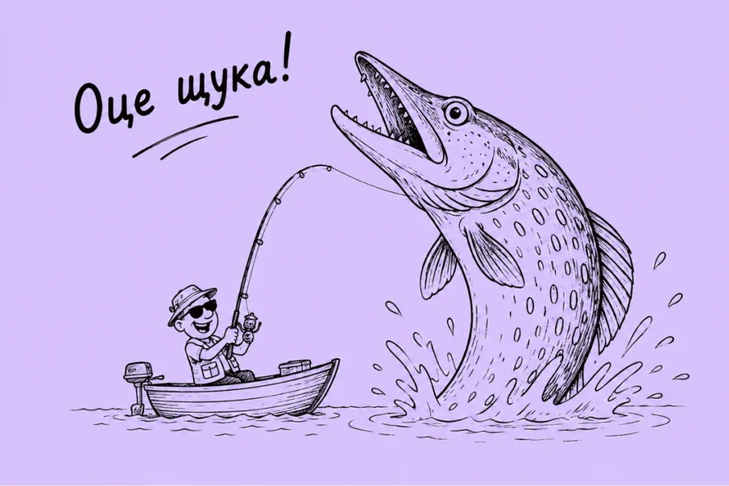 Кумедна щука вистрибує з води біля човна рибалки