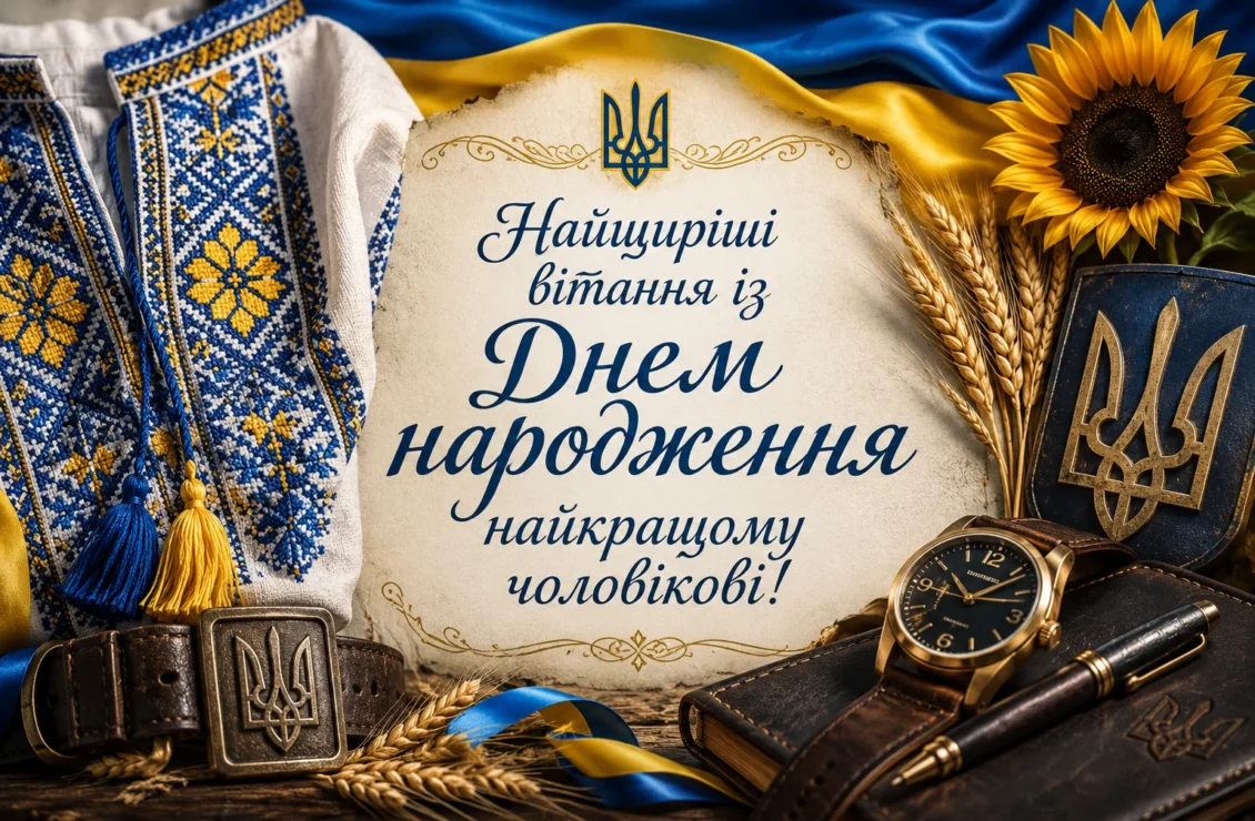 Листівка з українською вишиванкою, соняхами, колоссям та чоловічими аксесуарами в жовто-блакитних кольорах