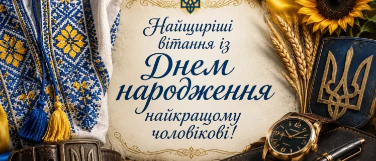 Листівка з українською вишиванкою, соняхами, колоссям та чоловічими аксесуарами в жовто-блакитних кольорах