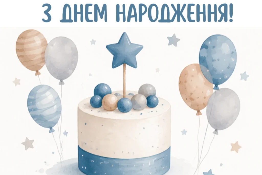 Тортик із зіркою та блакитні кульки на світлому тлі