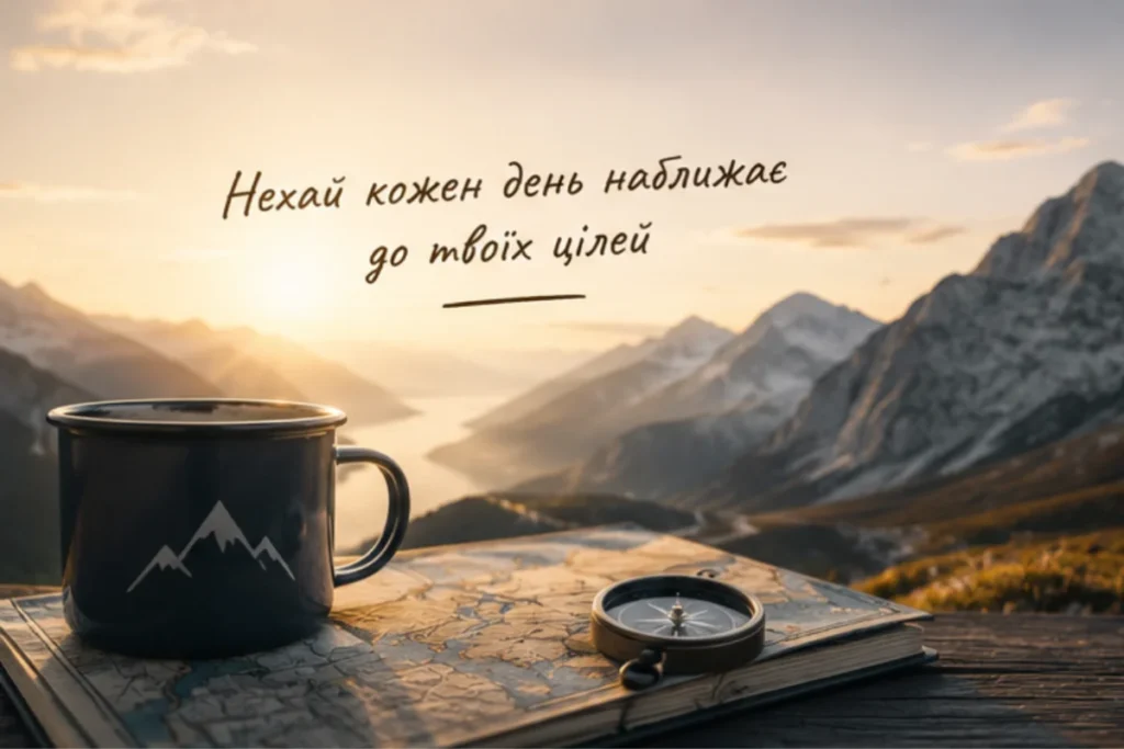 Чорна кружка на тлі гір і напис про наближення до цілей