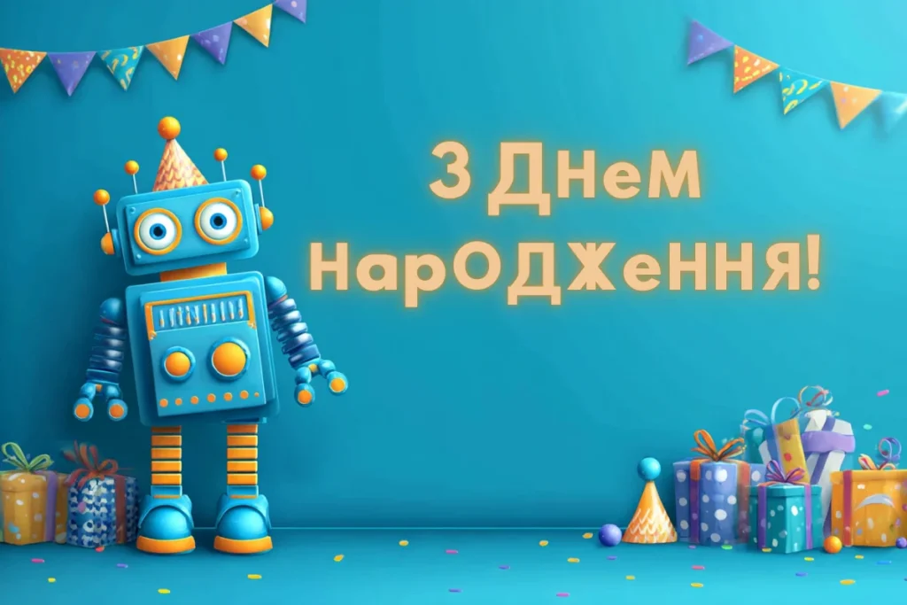 Синій робот серед подарунків і прапорців на бірюзовому тлі