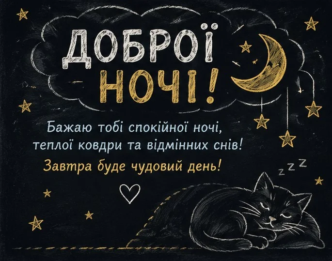 Оригінальна листівка, ніби намальована крейдою на чорній дошці, з котиком, зірками, місяцем та гарним побажанням