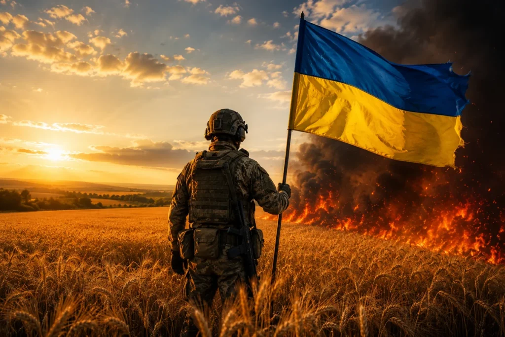 Солдат з прапором України біля вогню