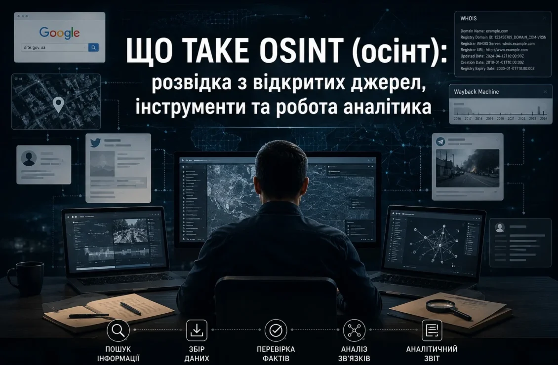 Чоловік за компʼютером у темному приміщення проводить осінт розвідку