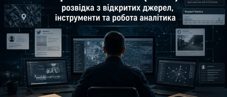 Чоловік за компʼютером у темному приміщення проводить осінт розвідку