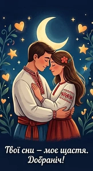 Мальована листівка в народному стилі для коханої (коханого) з парою на тлі зоряного неба