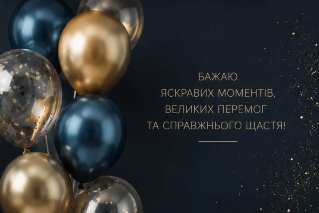 Сині та золоті кульки на темному тлі з побажанням яскравих моментів