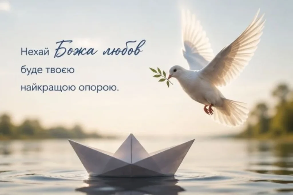 Паперовий кораблик на воді, поруч летить голуб із гілкою
