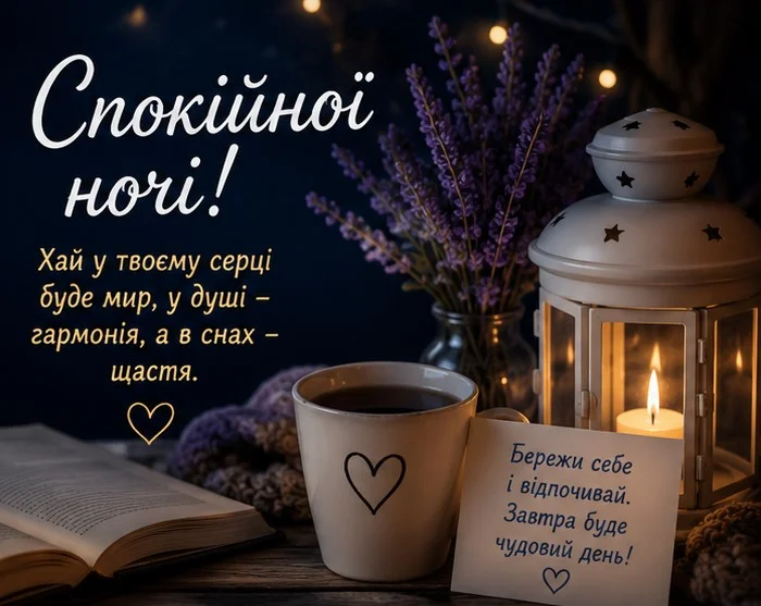 Листівка з побажанням спокійної ночі, чашкою чаю, книжкою, ліхтарем та букетиком лаванди