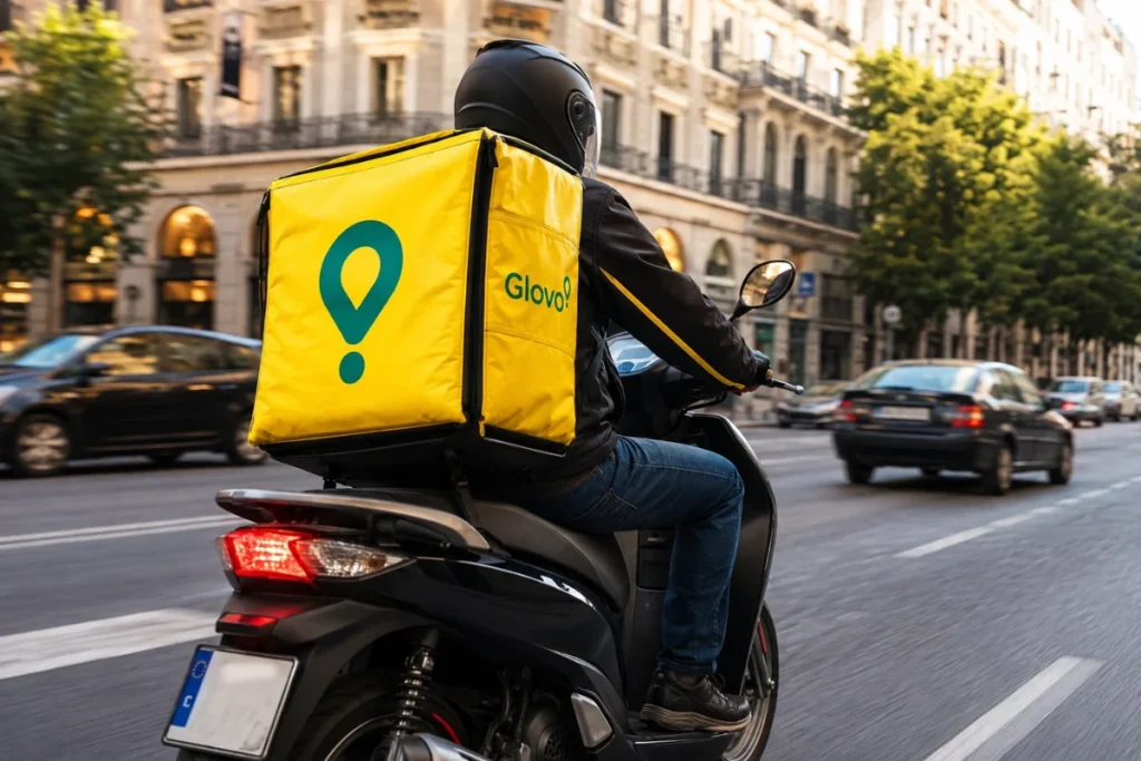 Кур’єр із жовтим рюкзаком Glovo їде європейською вулицею