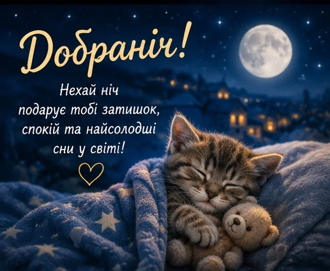 Гарна листівка з кошеням, що спить під ковдрою, та теплим побажанням