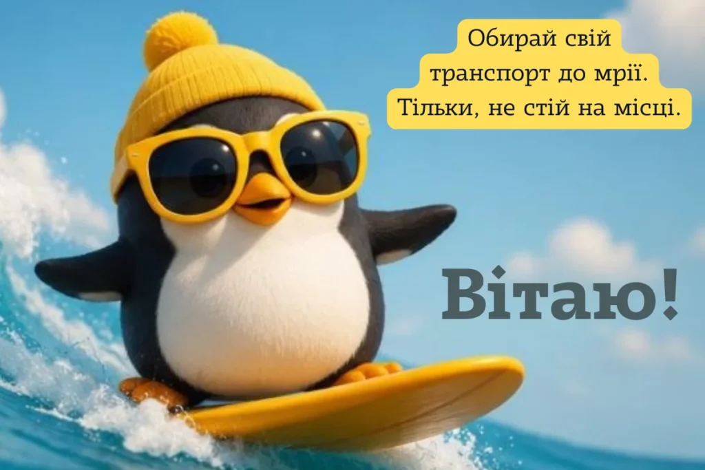 Листівка з пінгвіном у жовтій шапці й окулярах