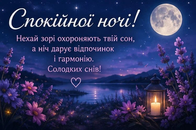 Листівка з квітами, ліхтарем, зоряним небом з повним місяцем та річкою