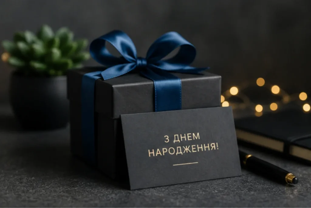 Темна подарункова коробка з синьою стрічкою і карткою-привітанням