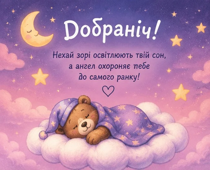Мила листівка з ведмежам у ковпачку, що спить на хмаринці під ковдрою та побажанням «Добраніч!»