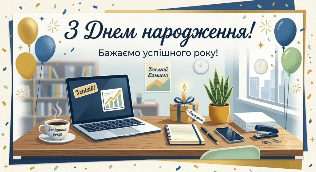 Робочий стіл на листівці з привітаннями колеги