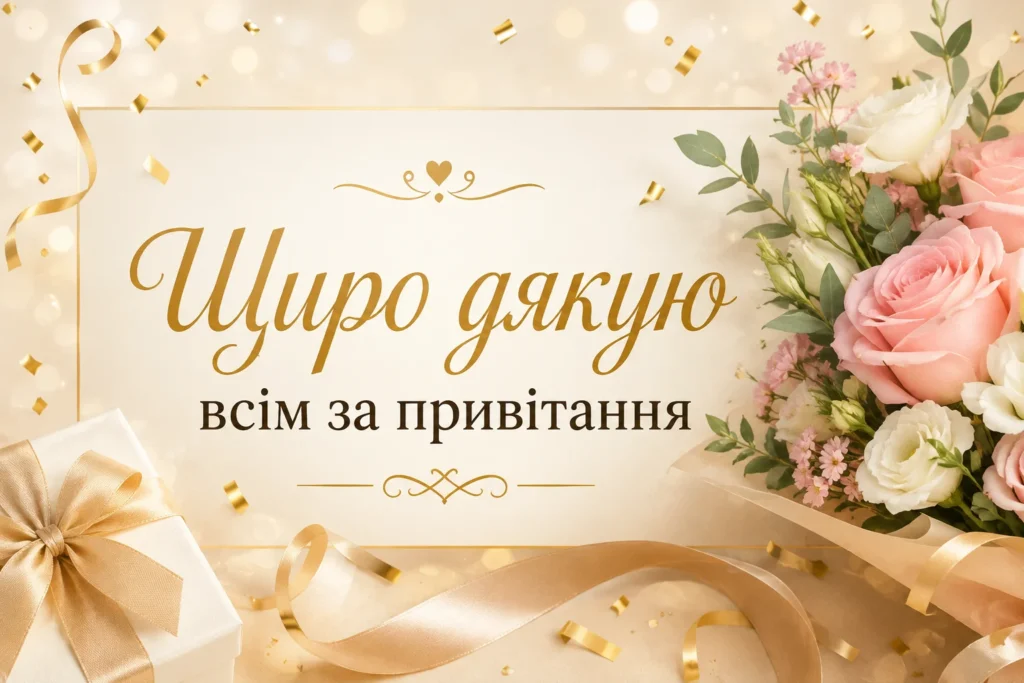 святкова листівка з квітами та подарунками “Щиро дякую всім за привітання” 