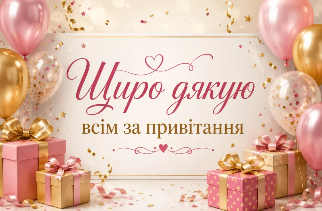 листівка з кульками та подарунками “Щиро дякую всім за привітання” 