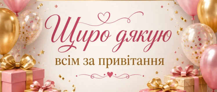 листівка з кульками та подарунками “Щиро дякую всім за привітання” 