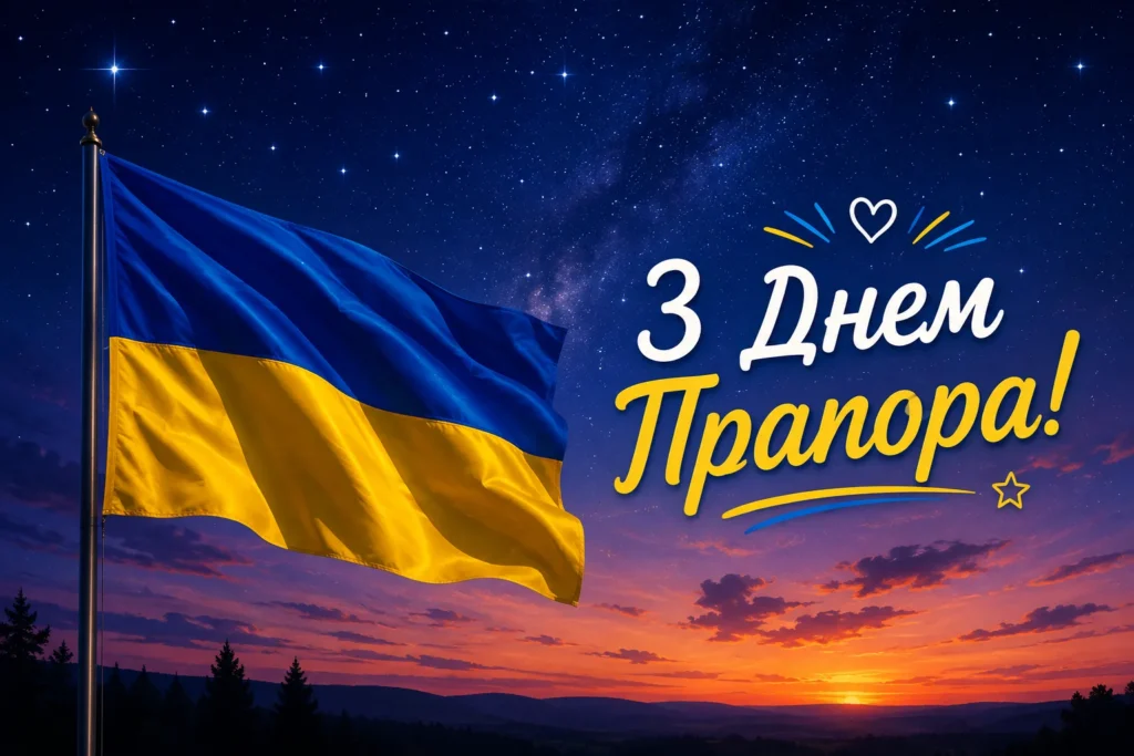 Листівка з прапором на тлі вечірнього неба з зірками 