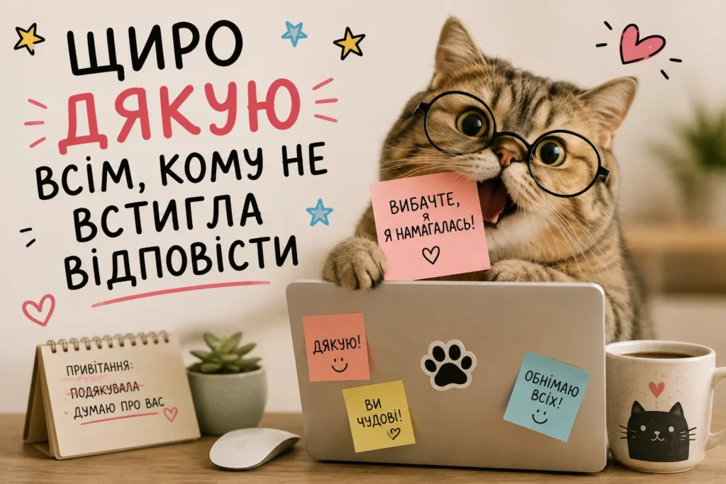 смішна картинка з котом і написом “щиро дякую”