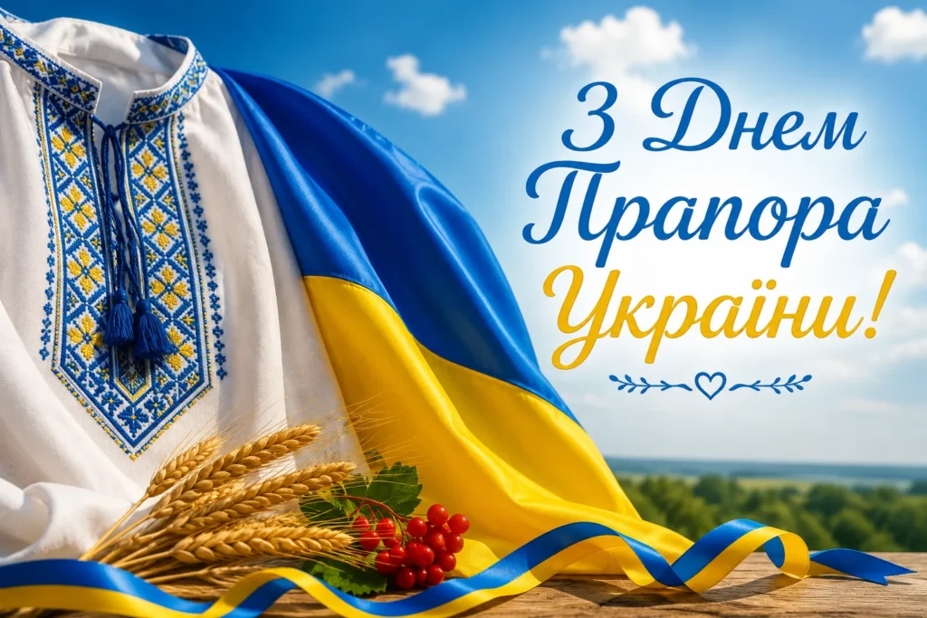 картинка з вишиванкою, колосками, калиною та прапором України