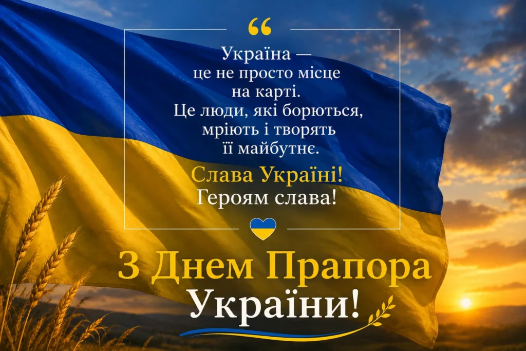 Листівка з цитатою про Україну на тлі прапора 