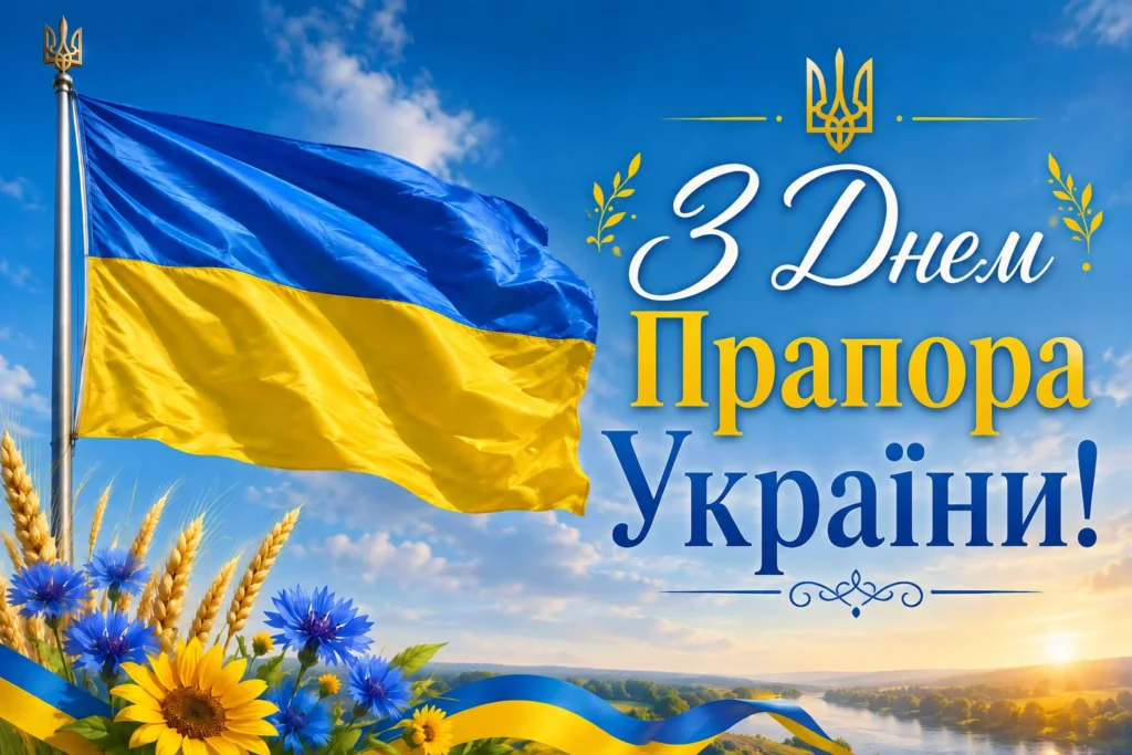 Синьо-жовтий стяг на тлі мирного неба з написом «З Днем прапора України!»