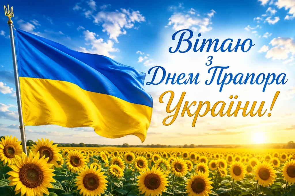 Прапор на тлі соняшникового поля з написом «Вітаю з Днем Прапора України!» 