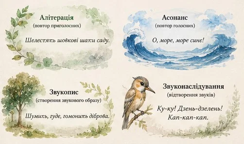 Короткі визначення та приклади звукових художніх засобів