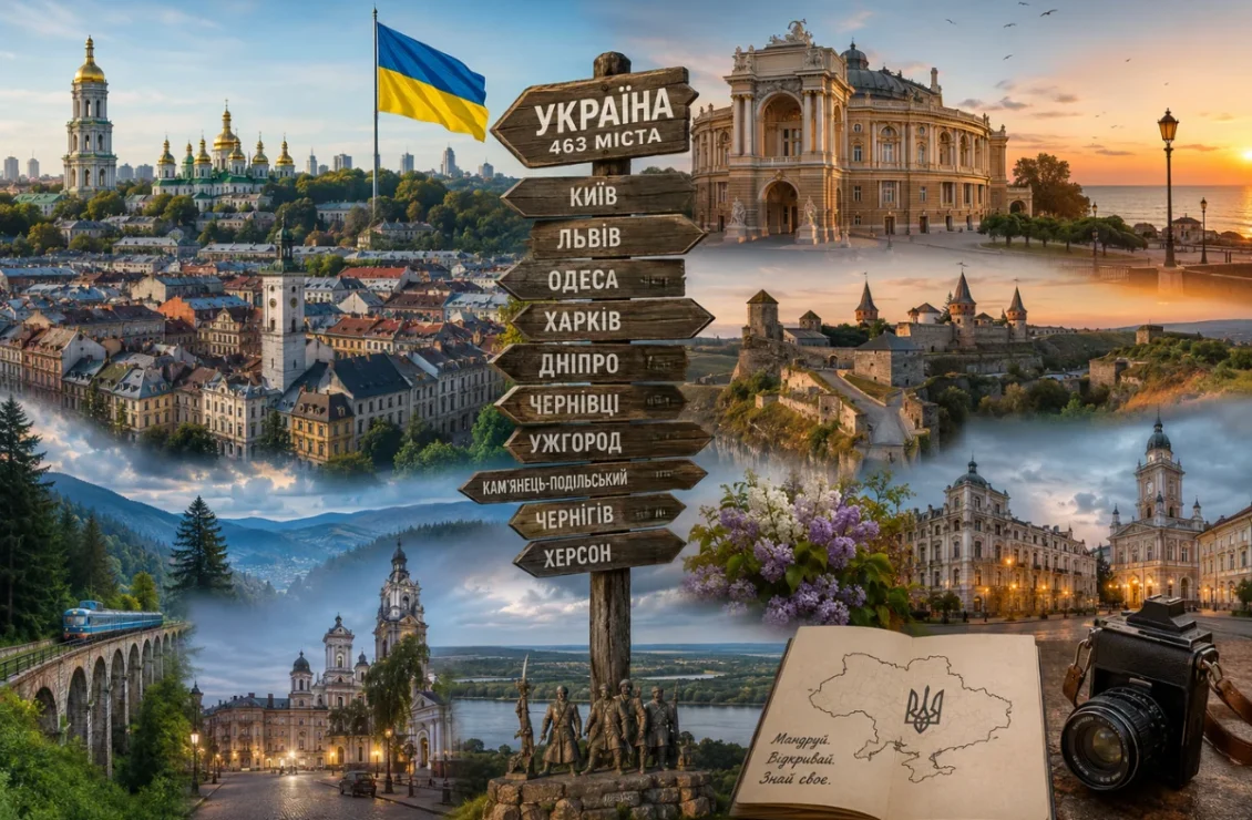 Колаж визначних міст України з дороговказом