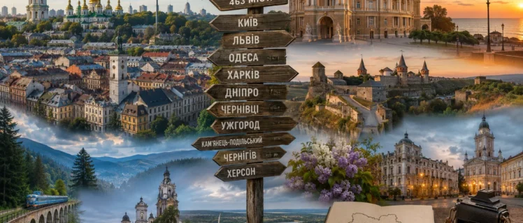 Колаж визначних міст України з дороговказом