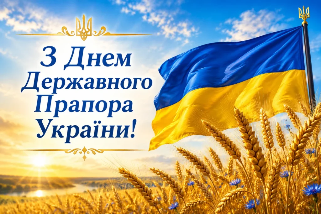 Картинка вітання з Днем Прапора з колосками пшениці й прапором 