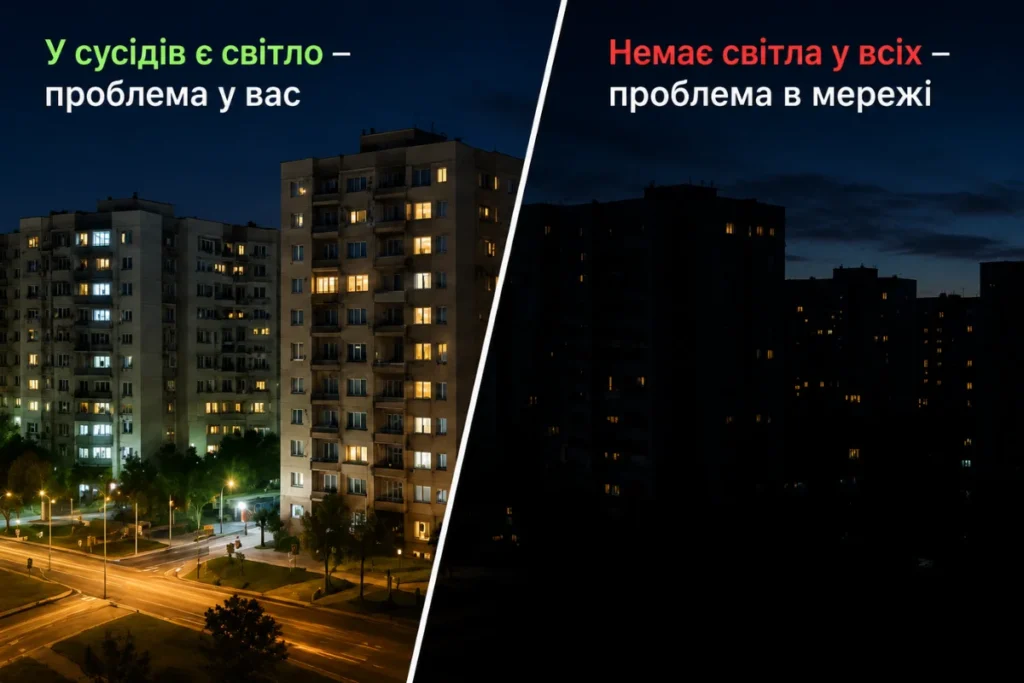 Будинки вночі під час відключень світла