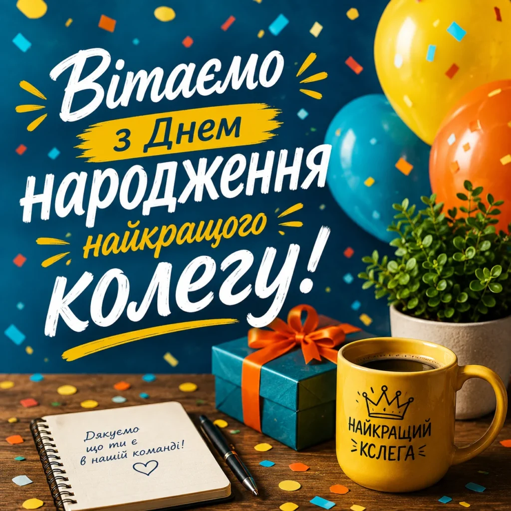 Яскрава листівка з Днем народження для колеги