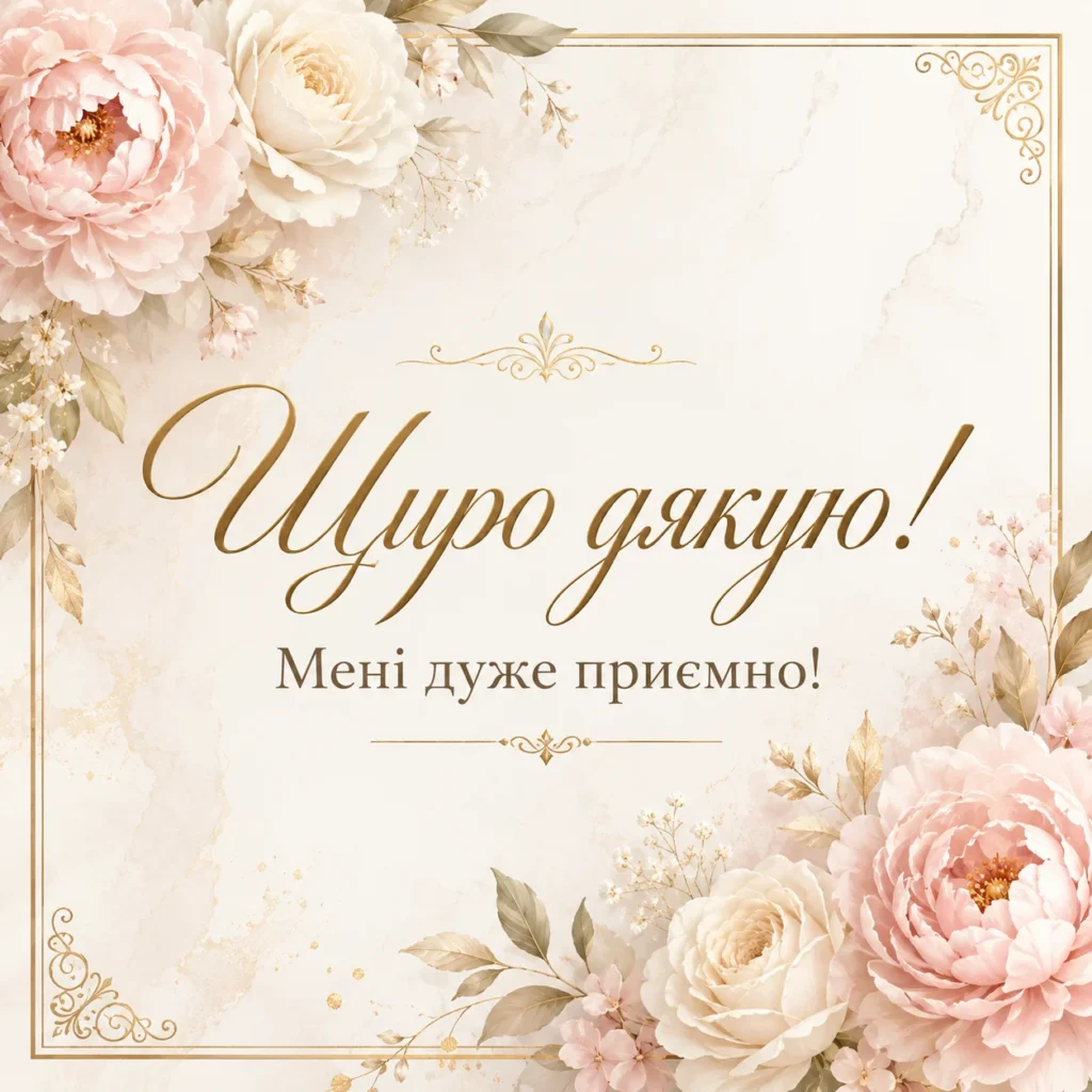 листівка з піонами та написом “щиро дякую, мені дуже приємно”