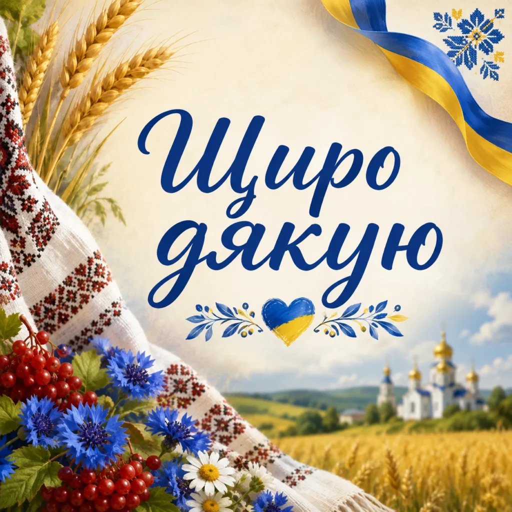листівка з вишиванкою, прапором, квітами, пшеницею та написом “щиро дякую”